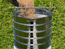 Load image into Gallery viewer, MFS&#39; LIGHTNING SIFTER Five Pan Set Stacked on Top of 5-Gallon Bucket with Substrate Poured In
